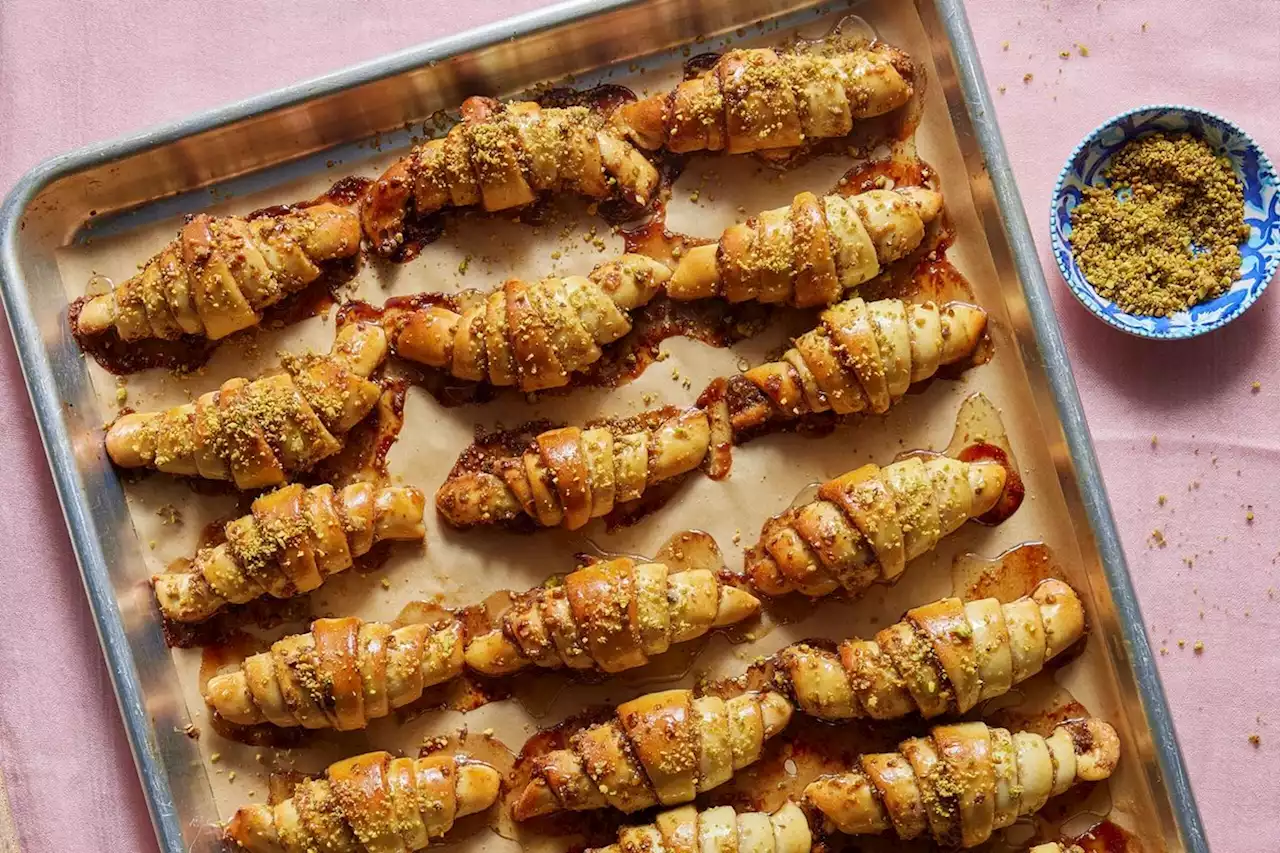 Pistachio-Date Rugelach with Rosewater Honey