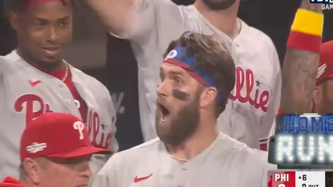 Bryce Harper’s astonished reaction to Kyle Schwarber’s towering 488-foot HR was Phillies fans everywhere