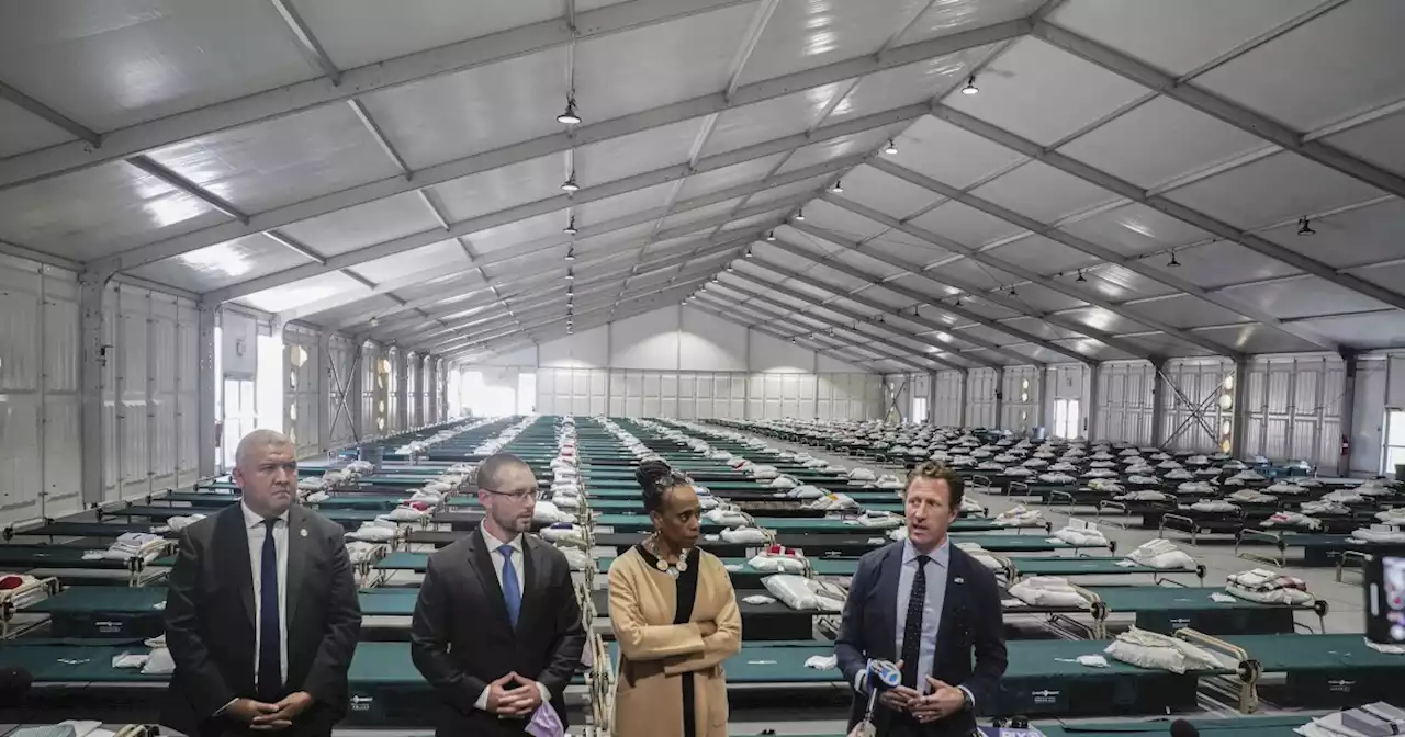 Republicans shout ‘hypocrisy’ as NYC debuts tent city to house immigrants