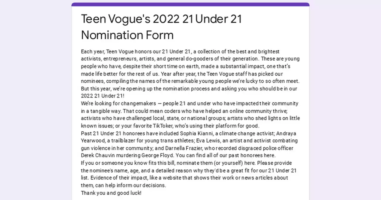 Teen Vogue's 2022 21 Under 21 Nomination Form