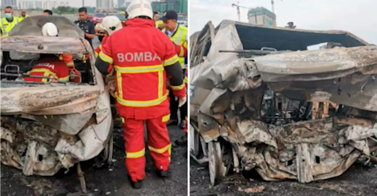 Woman burnt to death in two-car collision