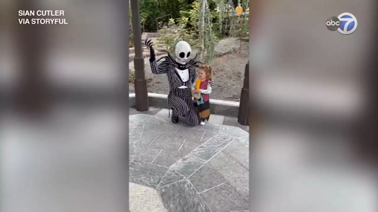 Adorable child awestruck when meeting favorite Disney character, Jack Skellington