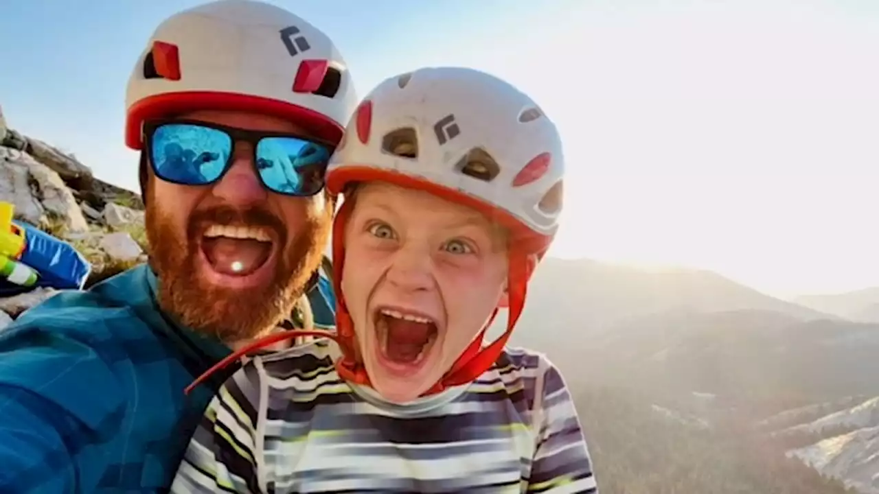 8-year-old boy and dad preparing to climb El Capitan at Yosemite National Park