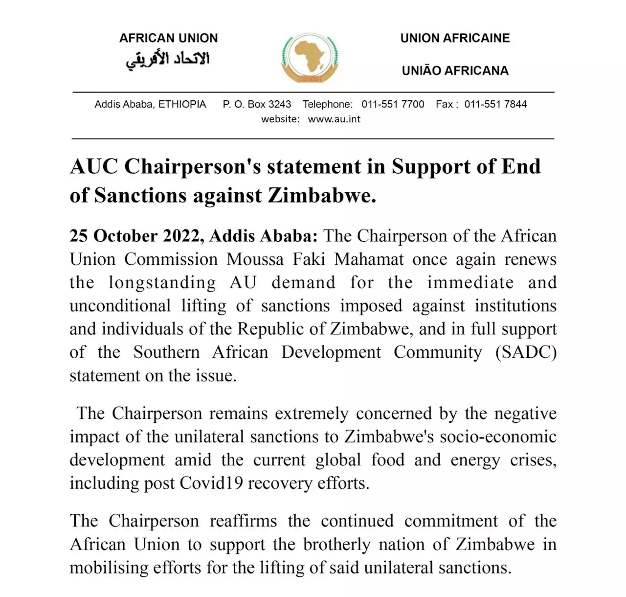 AUC Chairperson's statement in Support of End of Sanctions against the Republic of Zimbabwe | African Union