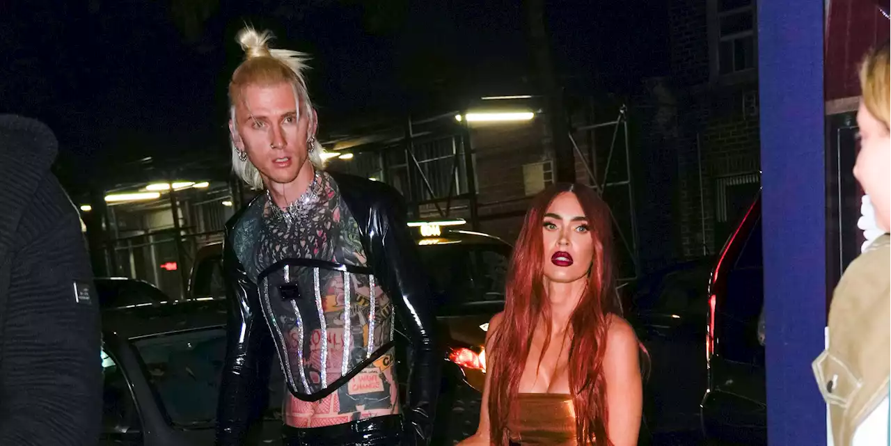 Megan Fox Debuts Flame-Red Hair with a Copper, Thigh-High Slit Dress