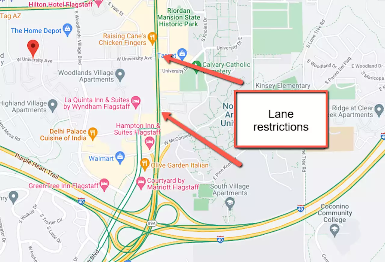 Overnight lane restrictions on State Route 89A (Milton Road) near University Avenue in Flagstaff Nov. 1 - 15