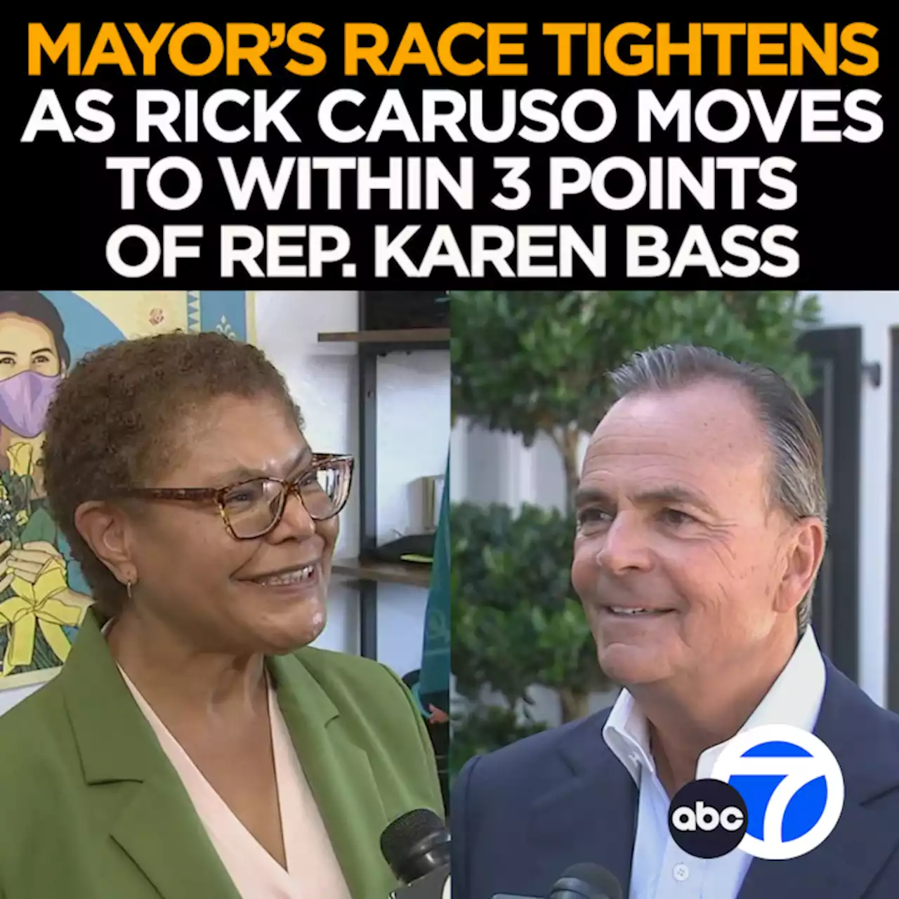 Karen Bass' lead over Rick Caruso shrinks as LA mayoral election campaign enters final weeks: Poll