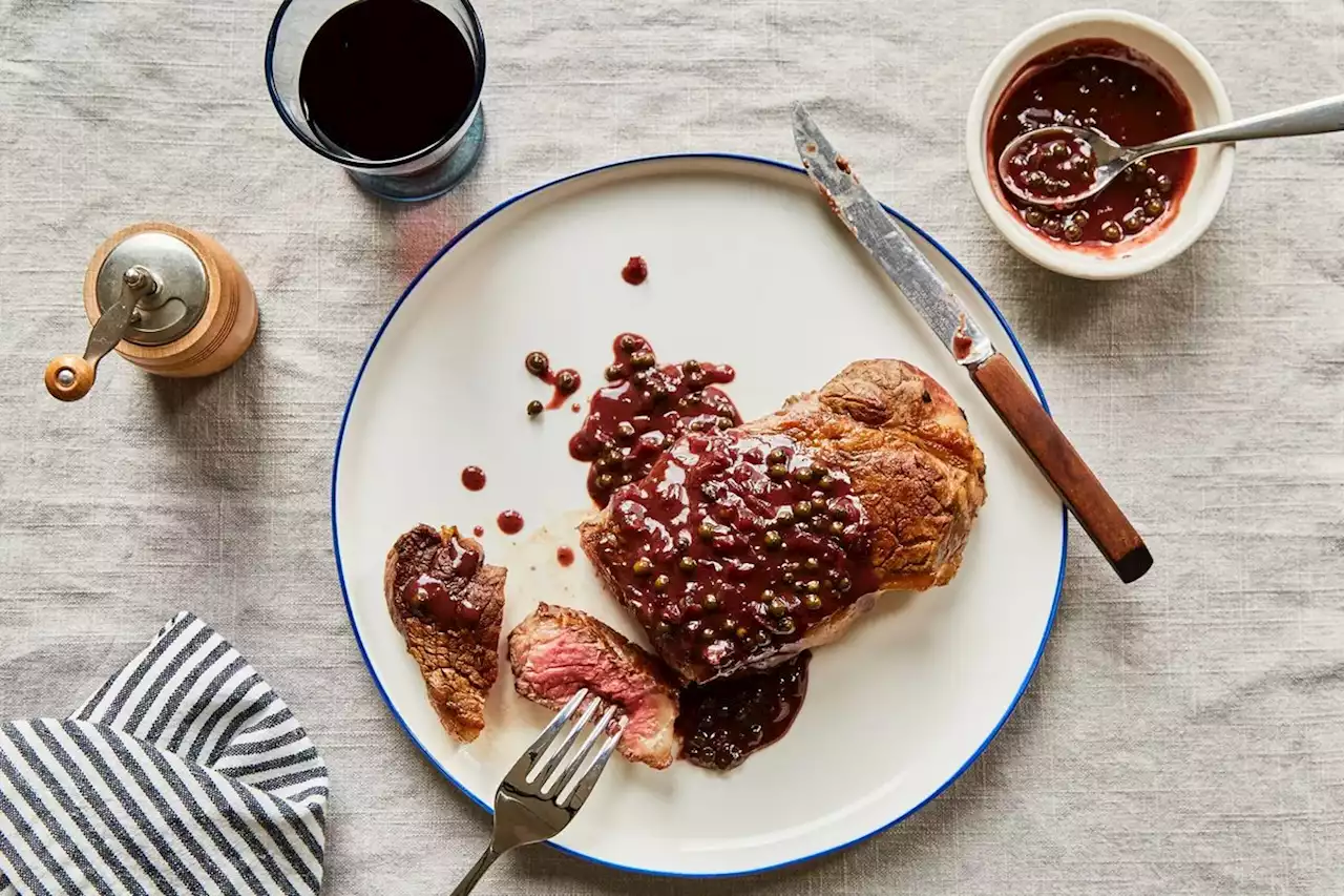 Strip Steaks with Green Peppercorn Sauce