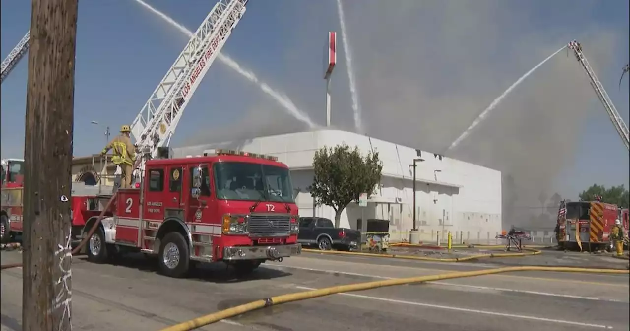 Greater Alarm fire knocked down abandoned bank building in Boyle Heights