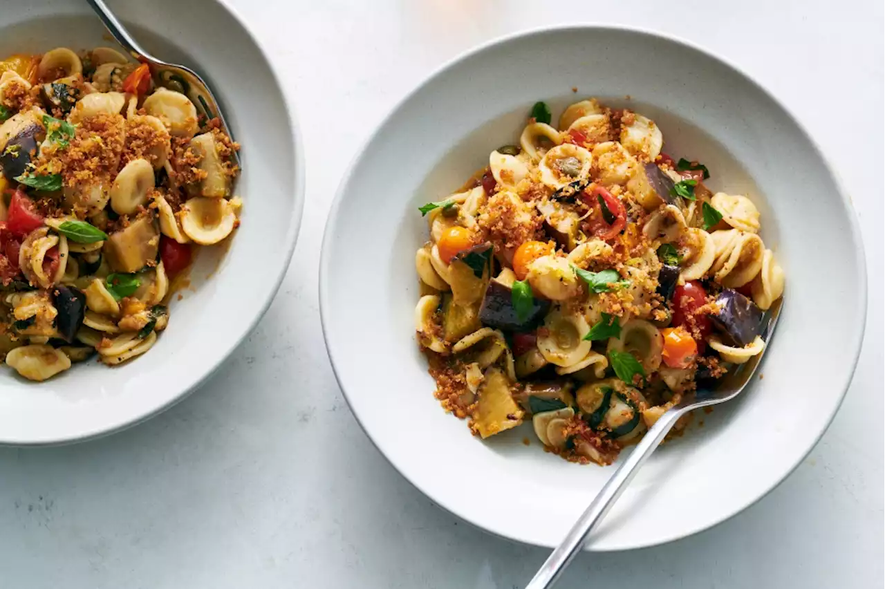 Eggplant pasta with anchovy breadcrumbs and capers recipe: Crumbs for dinner, in the best possible way