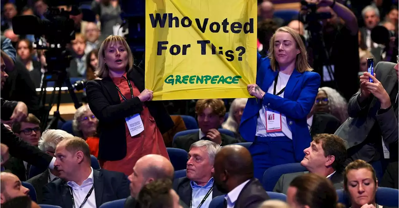 Greenpeace protesters interrupt UK PM Truss's speech at party conference