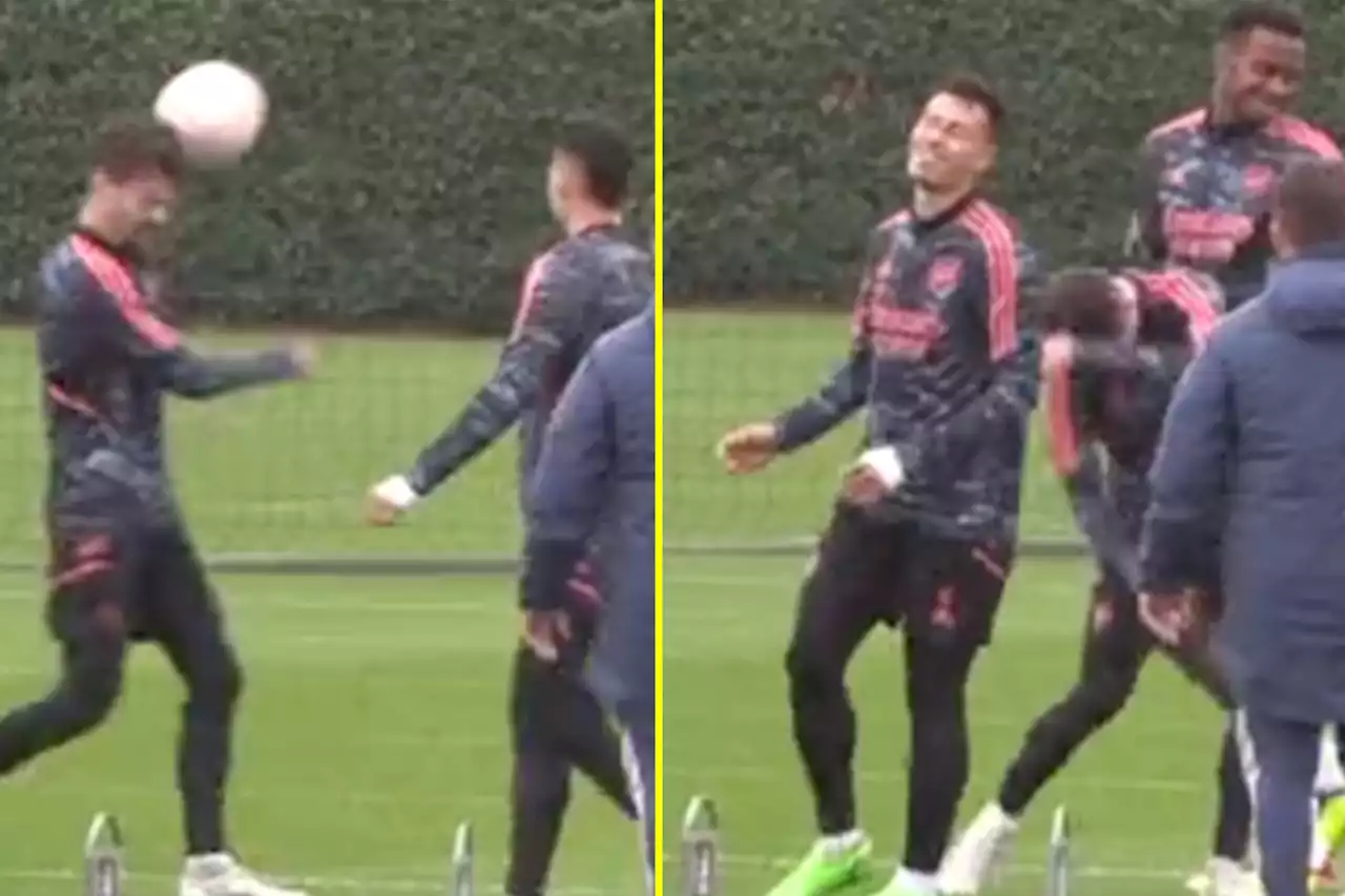 Martinelli laughs as Vieira takes ball to face from Cedric in Arsenal training