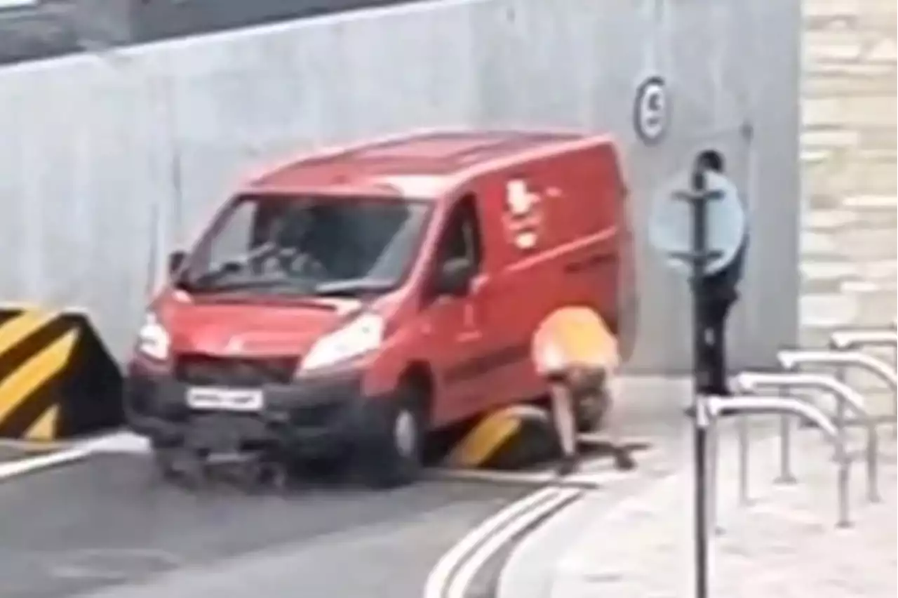 Watch as Royal Mail van driver is caught out by a rising bollard