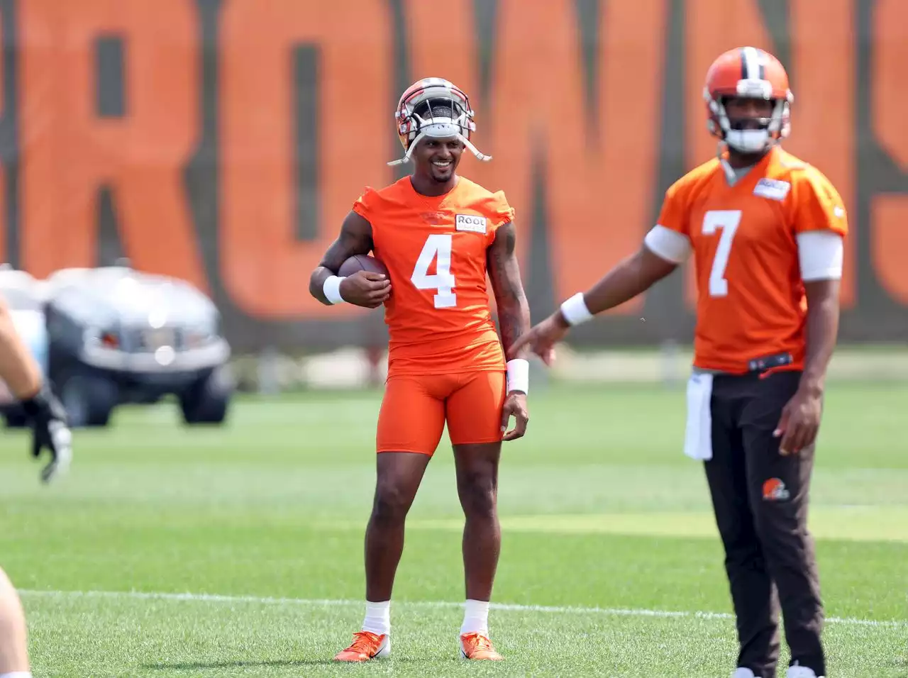 Deshaun Watson, back at the Browns facility on Monday, has kept in close contact with the QBs during his ban