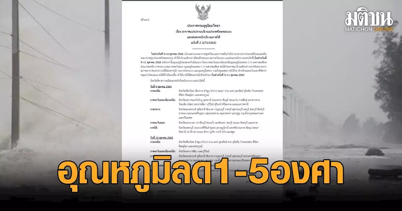 กรมอุตุฯ ประกาศ ฉบับ 2 ไทยฝนตกหนัก-ลมแรง-อุณหภูมิลดลง 1-5 องศา วันที่ 9-11 ต.ค.