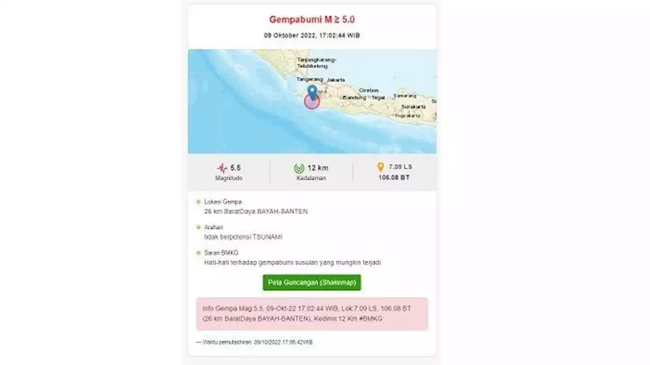 BMKG: Gempa Terkini 5,5 M Guncang Banten, Dirasakan Sampai Jakarta - Tribunnews.com