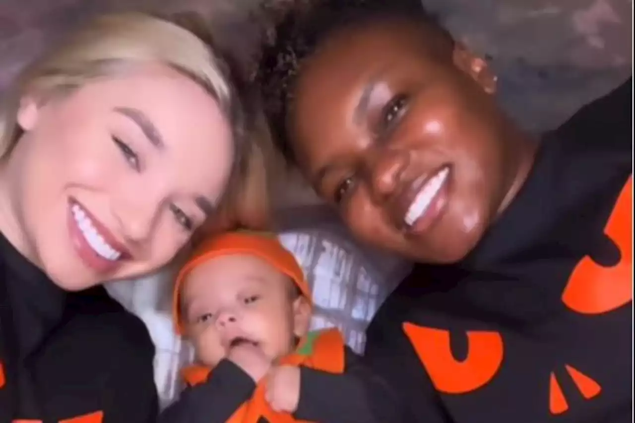 Nicola Adams and Ella Baig celebrate their three-month-old son’s first Halloween