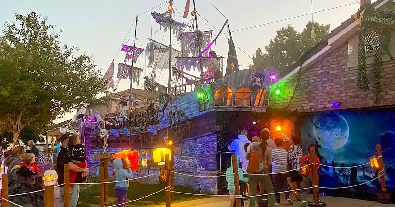 A full pirate ship appears in Santa Clara yard for Halloween