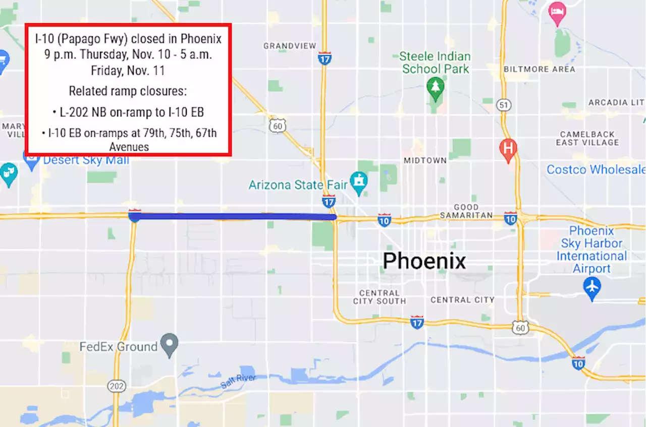 Eastbound I-10 closed overnight, Nov. 10, between Loop 202 (South Mountain Freeway) and I-17