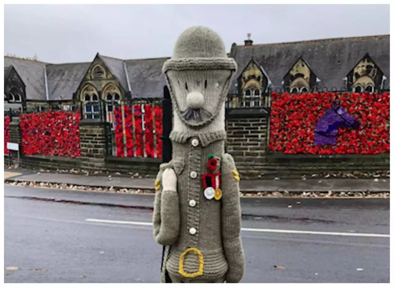 Pudsey knitting group goes viral across world for incredible soldier bollard for Remembrance Day