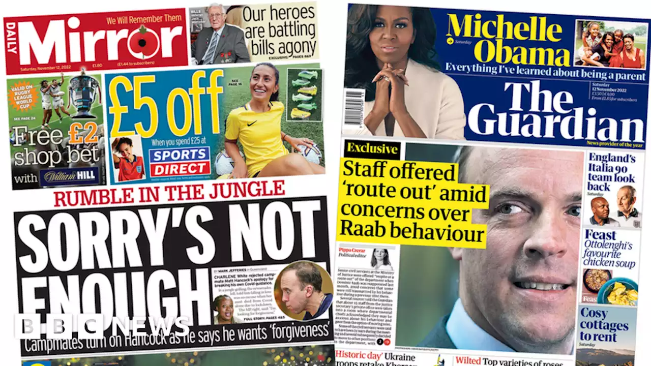 Newspaper headlines: 'Rumble in the jungle' and 'route out' from Raab