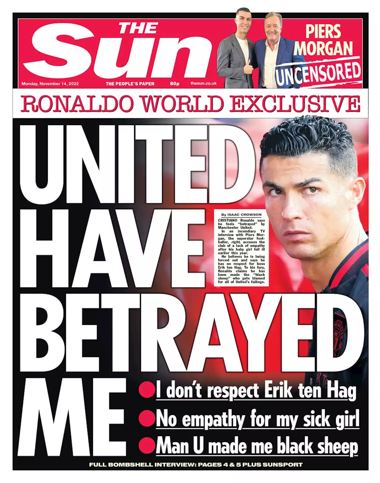 United have betrayed me & made me black sheep, says Ronaldo in Piers interview