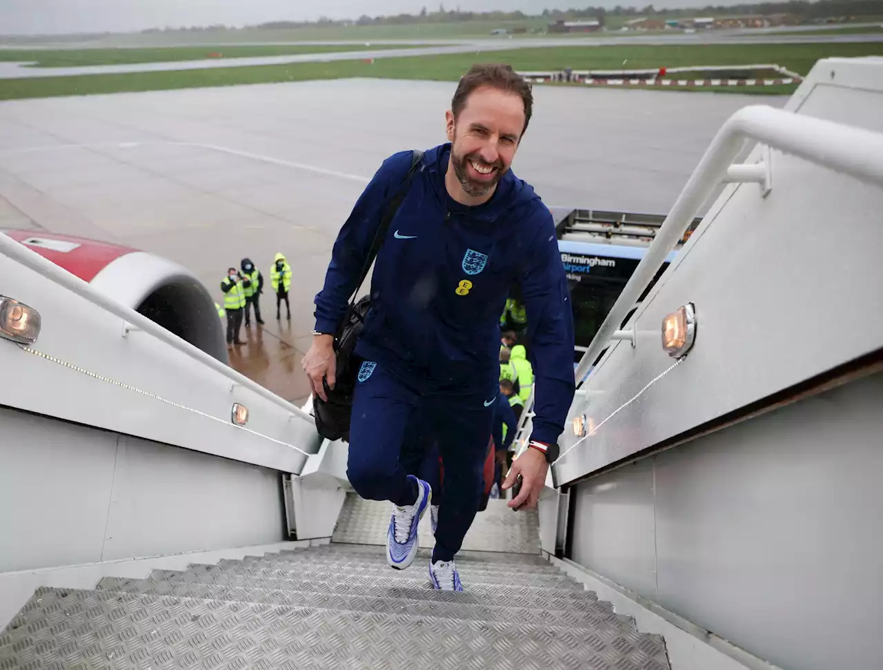 England fly to Qatar on plane called 'Rain Bow' after huge send-off from fans