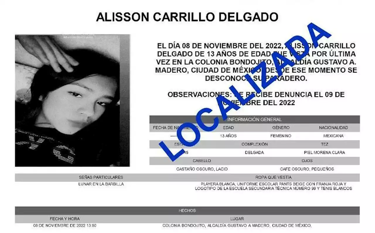 Localizan a Alisson, desparecida en CdMx en secundaria