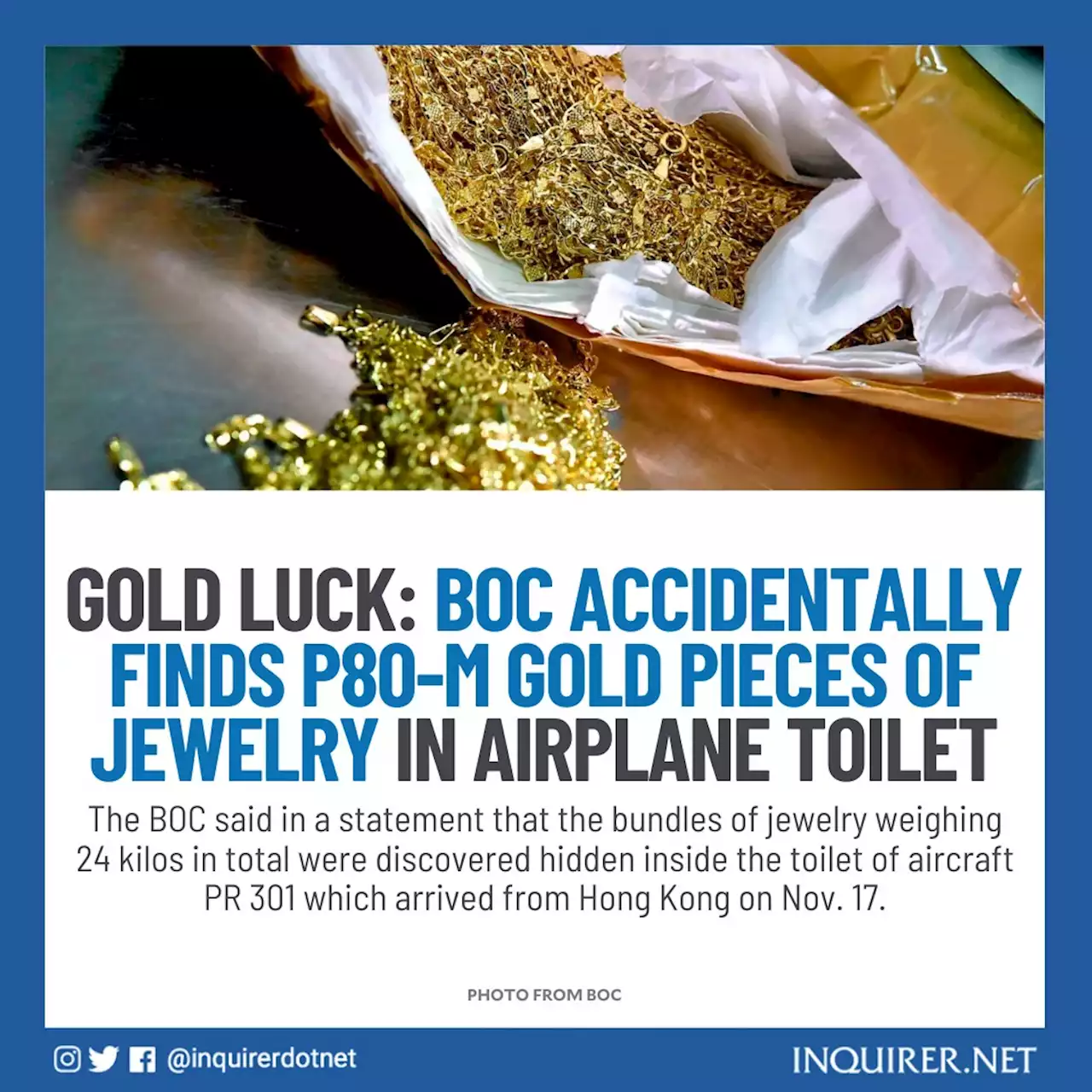 Gold luck: BOC accidentally finds P80-M gold pieces of jewelry in airplane toilet