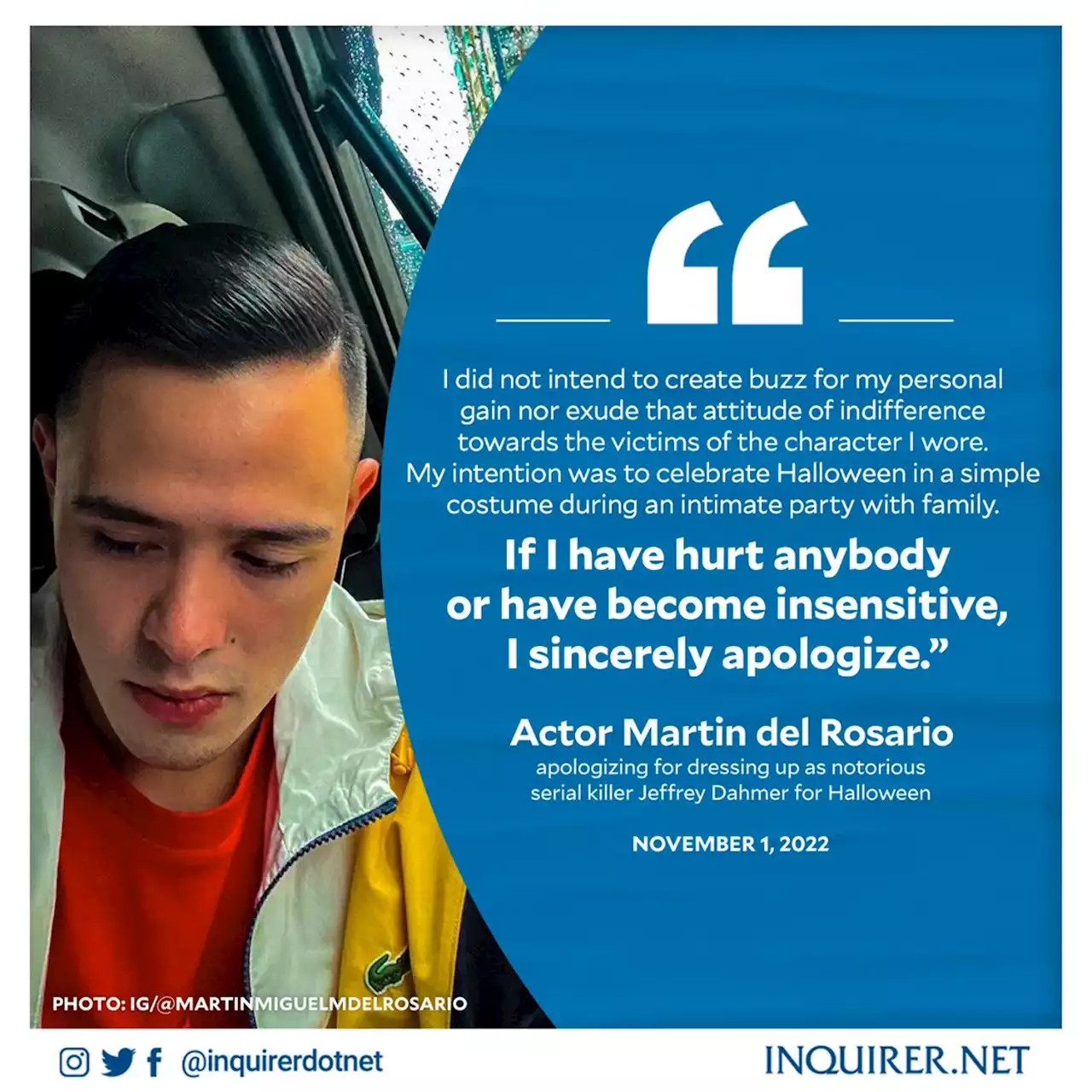 Martin Del Rosario apologizes for Dahmer Halloween costume