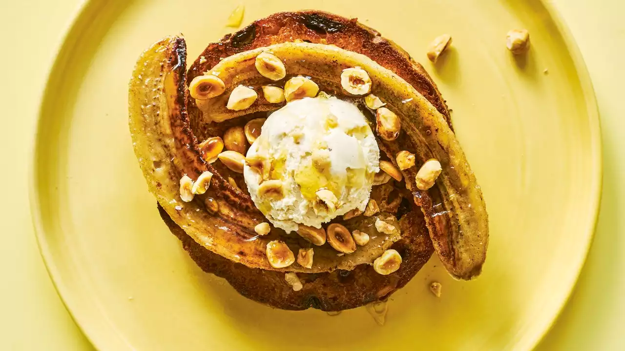 Bananas and Ice Cream With Brandy Syrup on Panettone