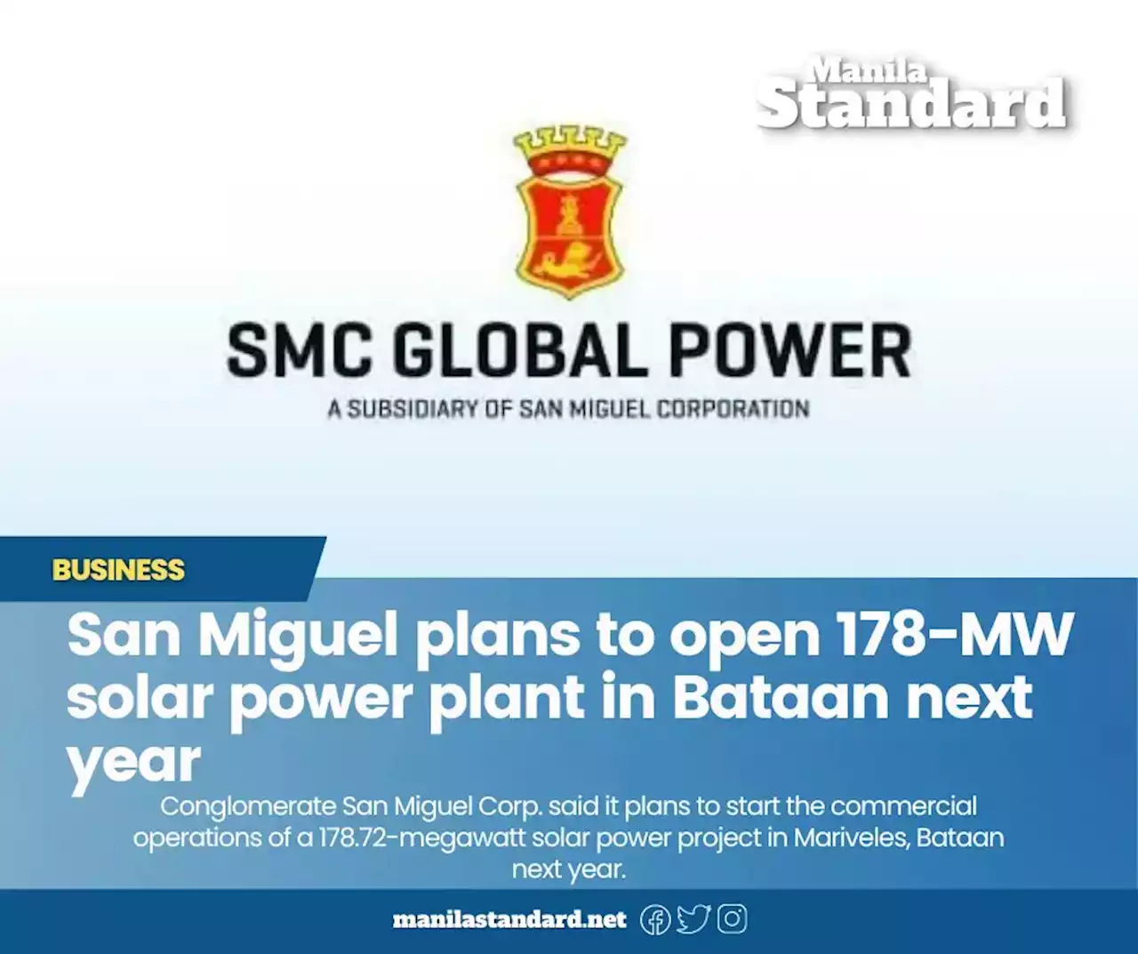 San Miguel plans to open 178-MW solar power plant in Bataan next year