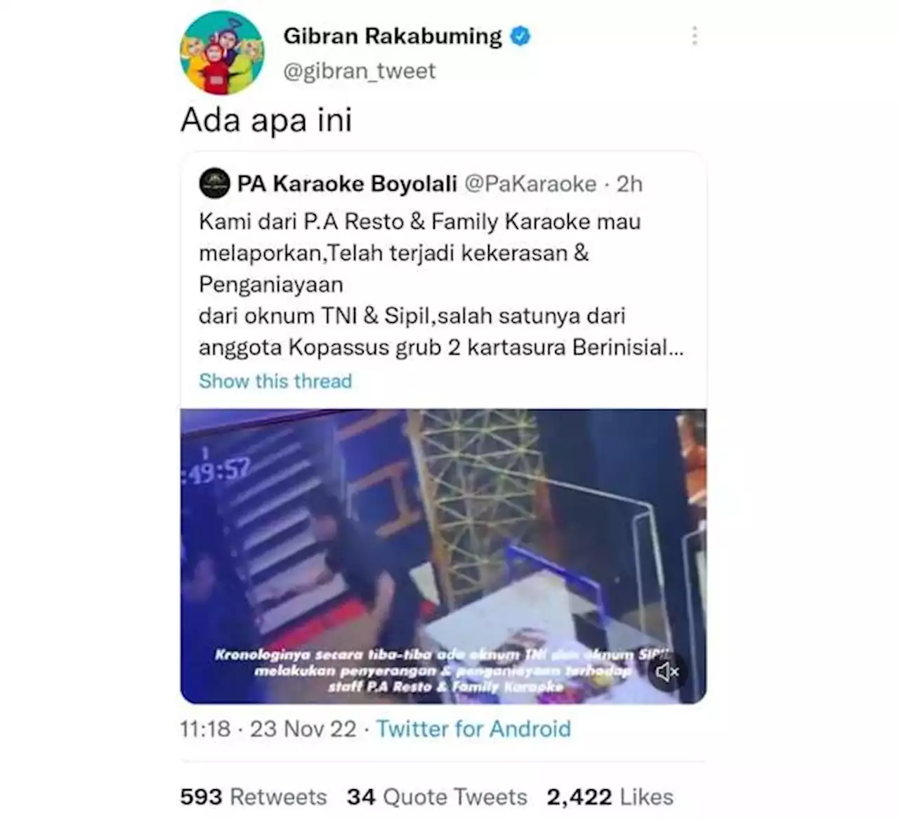 Gibran Ikut Tanggapi Kasus Viral Oknum TNI Aniaya Pegawai Karaoke di Boyolali