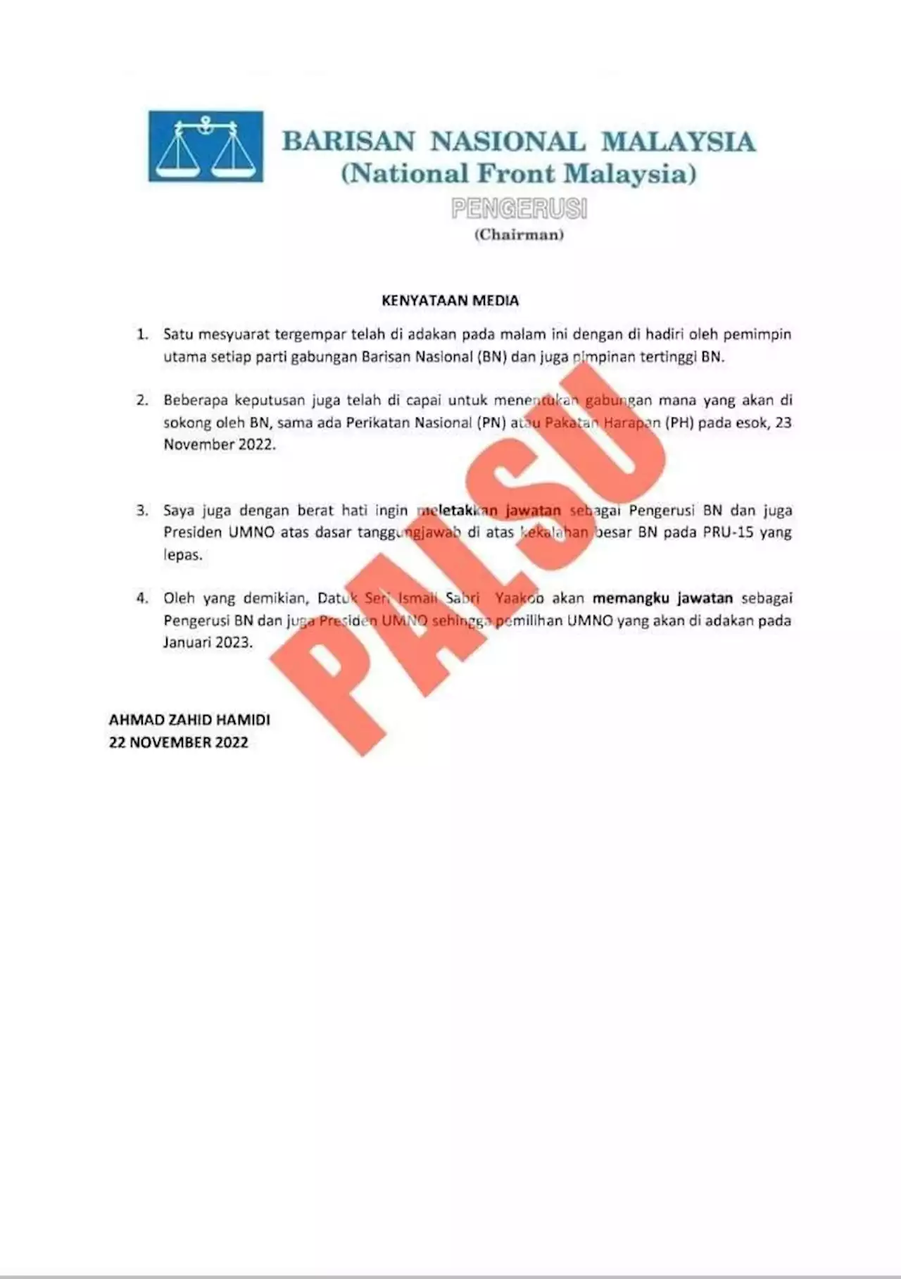 Surat letak jawatan Pengerusi BN, Presiden UMNO palsu