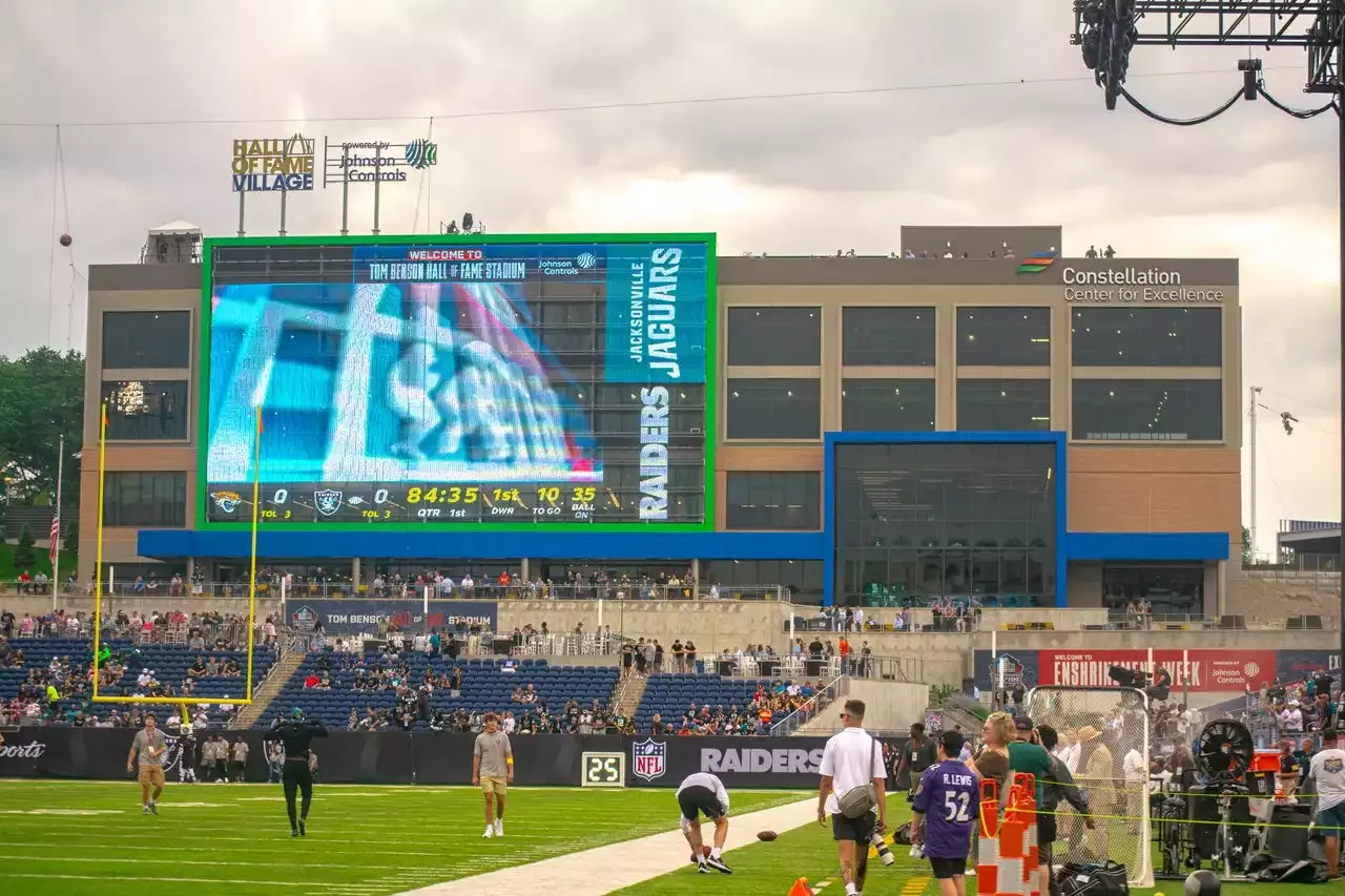 Snow tube through Hall of Fame Stadium goal post at new Winter