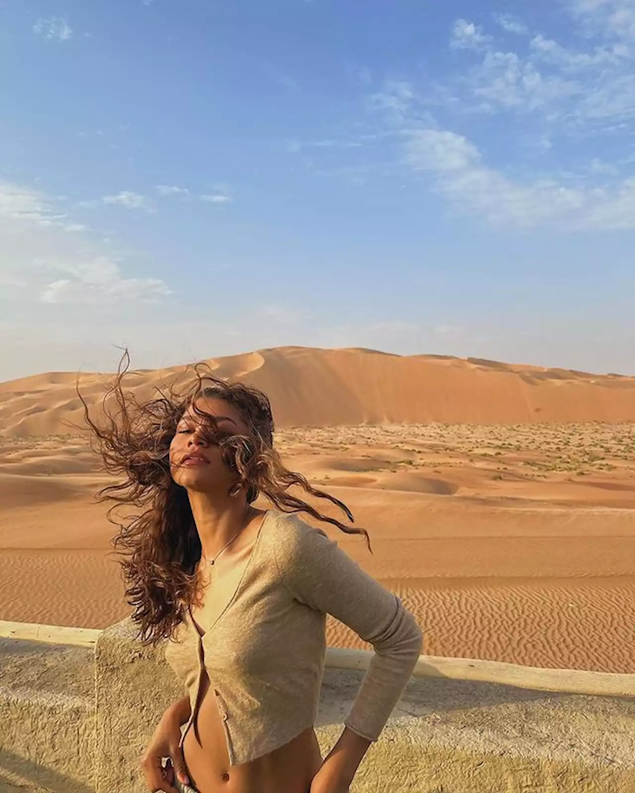 Zendaya somehow made a beige cropped cardigan stand out in the desert