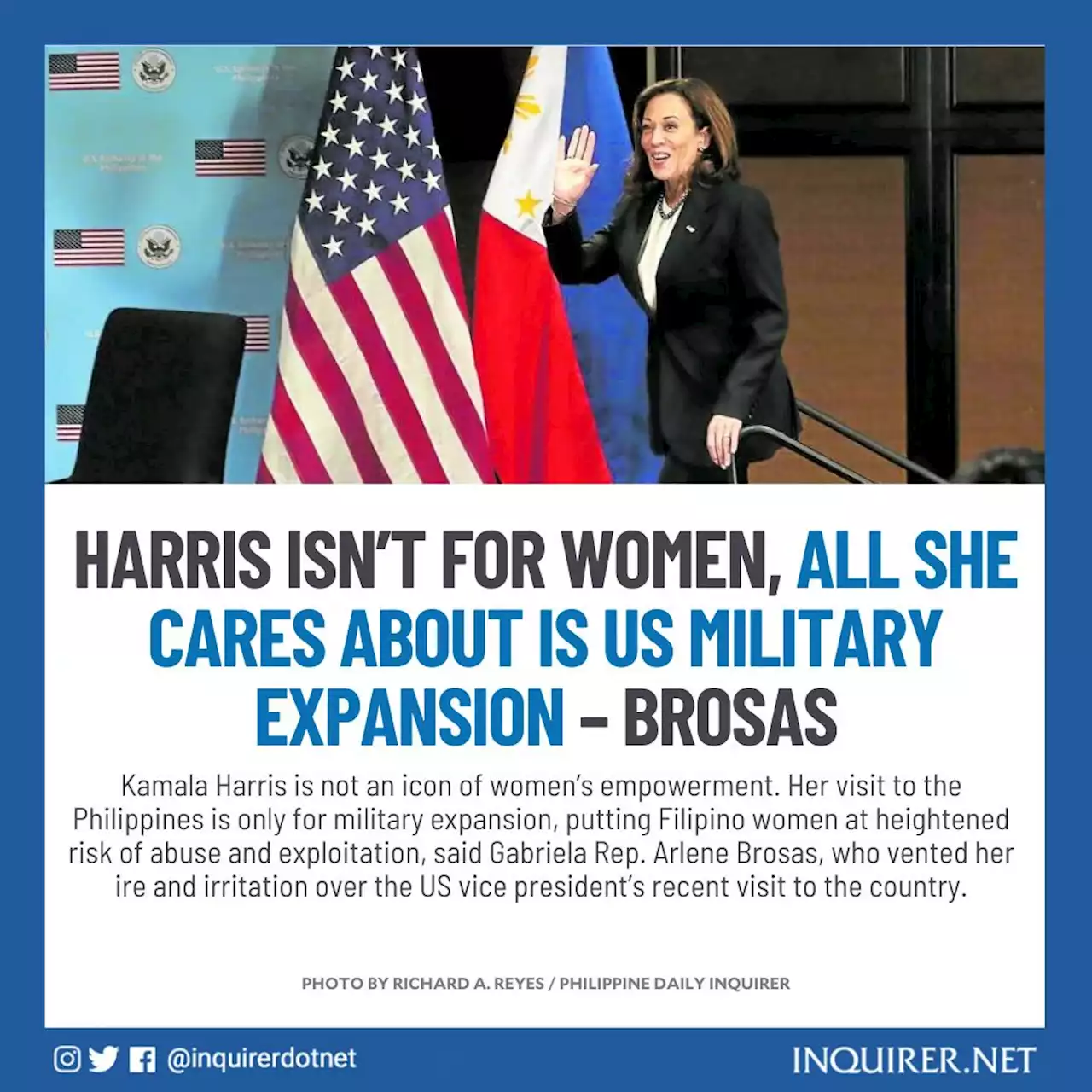 Harris isn’t for women, all she cares about is US military expansion – Brosas