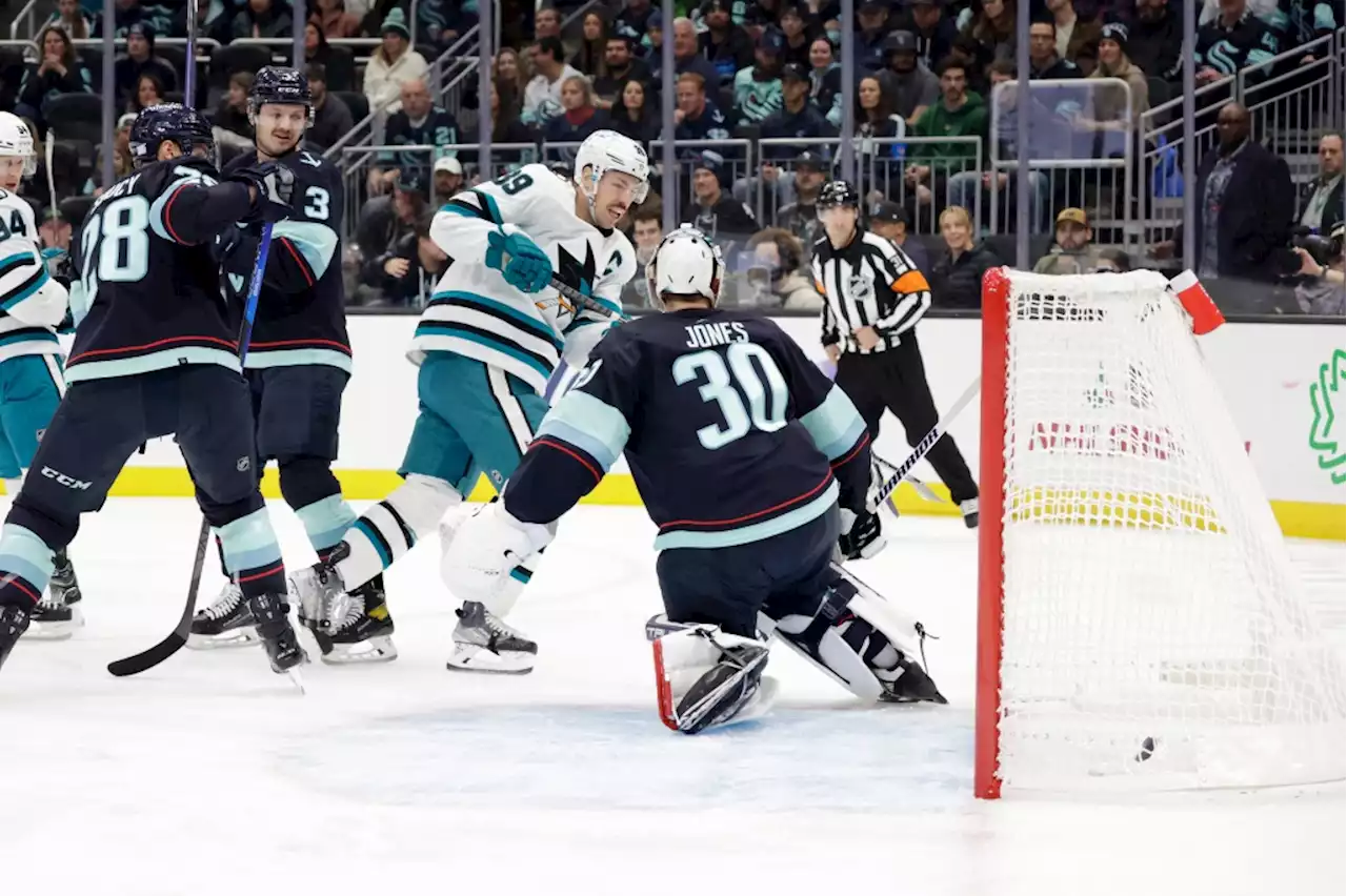 Meier’s hat trick not enough as Sharks have defensive meltdown in loss to Kraken