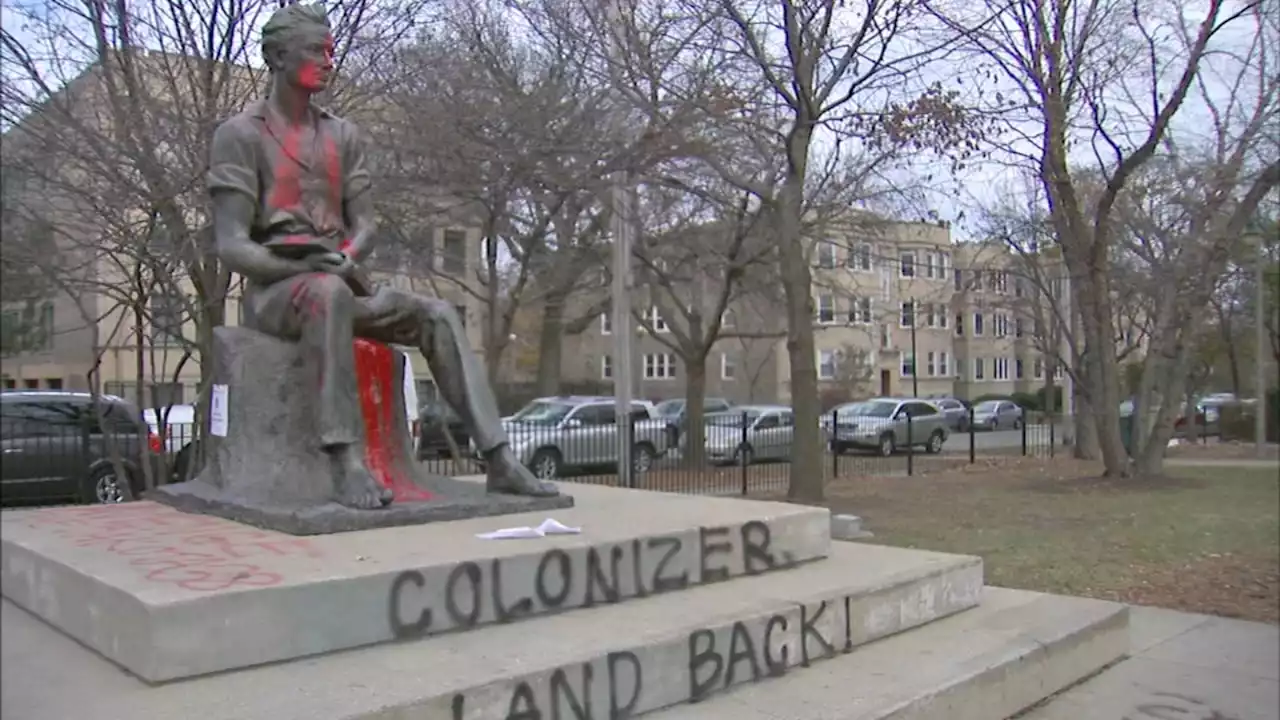 Chicago Abraham Lincoln statue defaced with anti-colonizer graffiti referencing Dakota 38