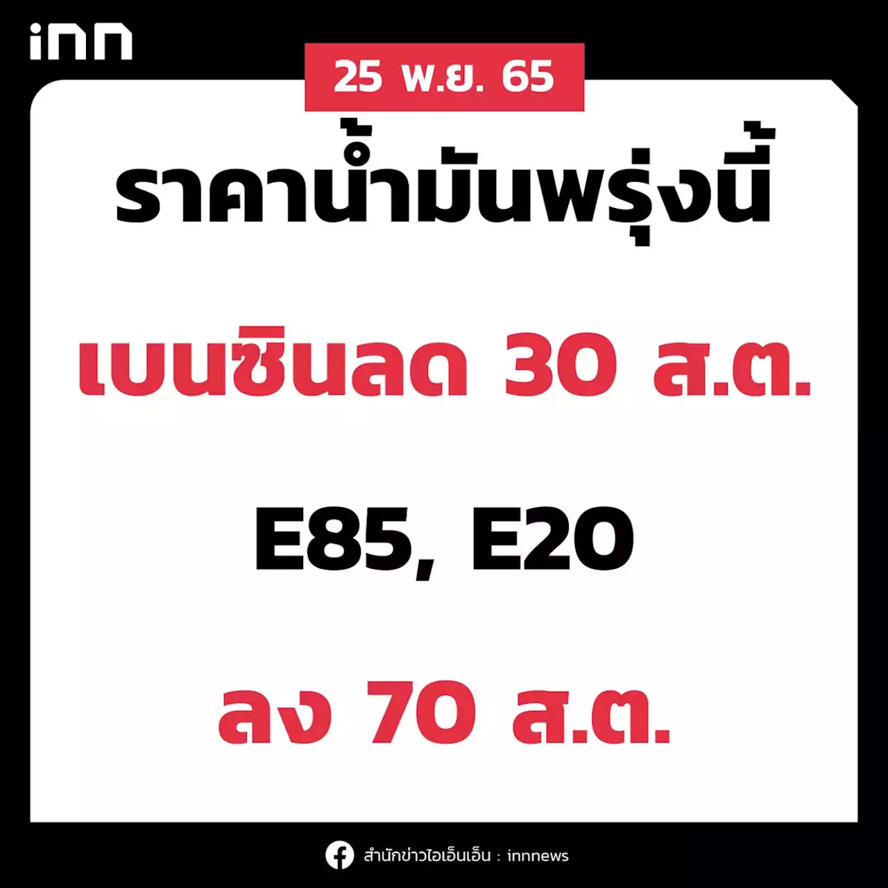 พรุ่งนี้กลุ่มเบนซินลด 30 ส.ต. เว้น E85, E20 ลง 70 ส.ต.