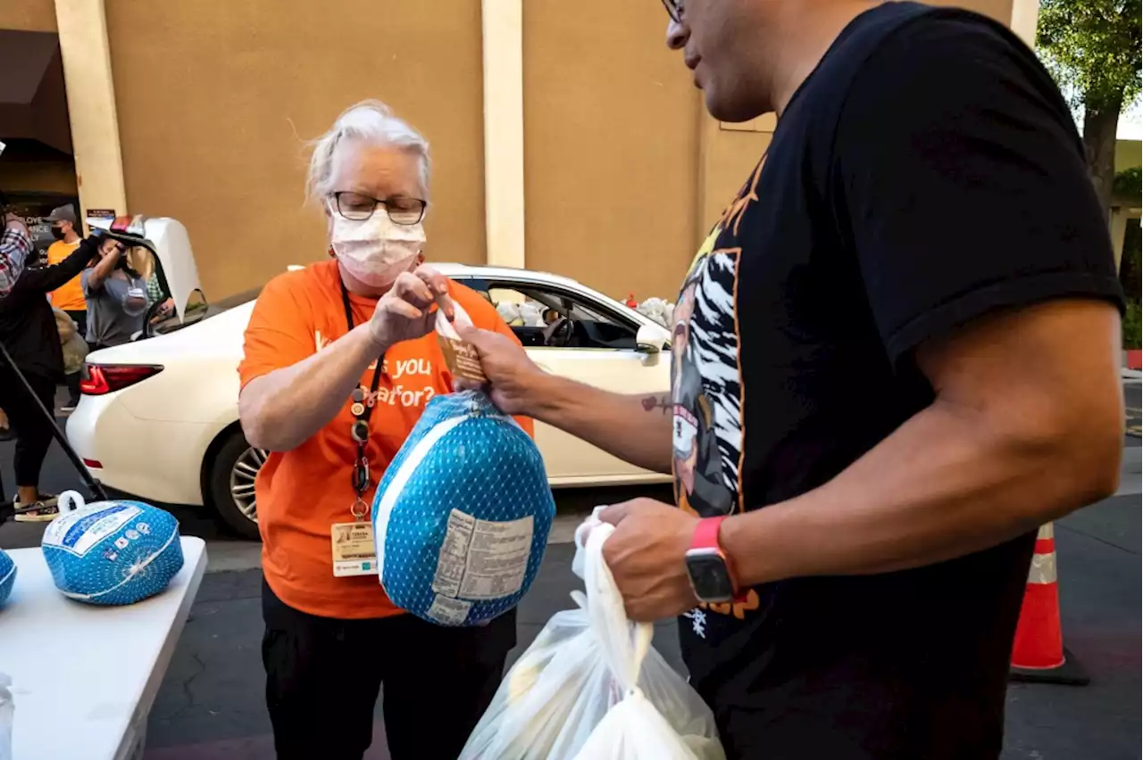 Food giveaway at Dignity Health Northridge Hospital had a surprise, a turkey