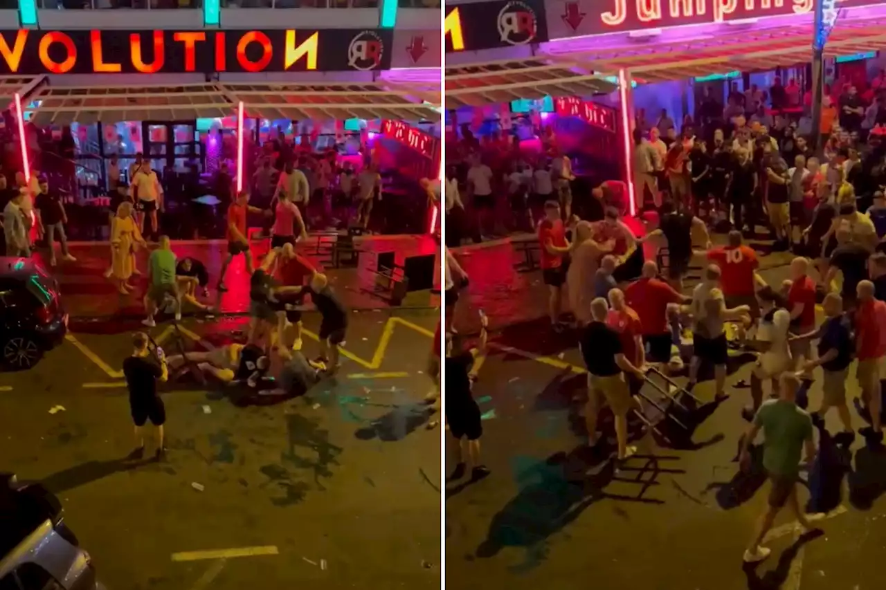 Watch moment England and Wales yobs brawl outside bars in Tenerife