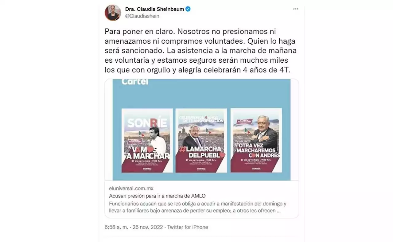 “Nosotros no presionamos ni amenazamos ni compramos voluntades”: Sheinbaum sobre marcha de AMLO