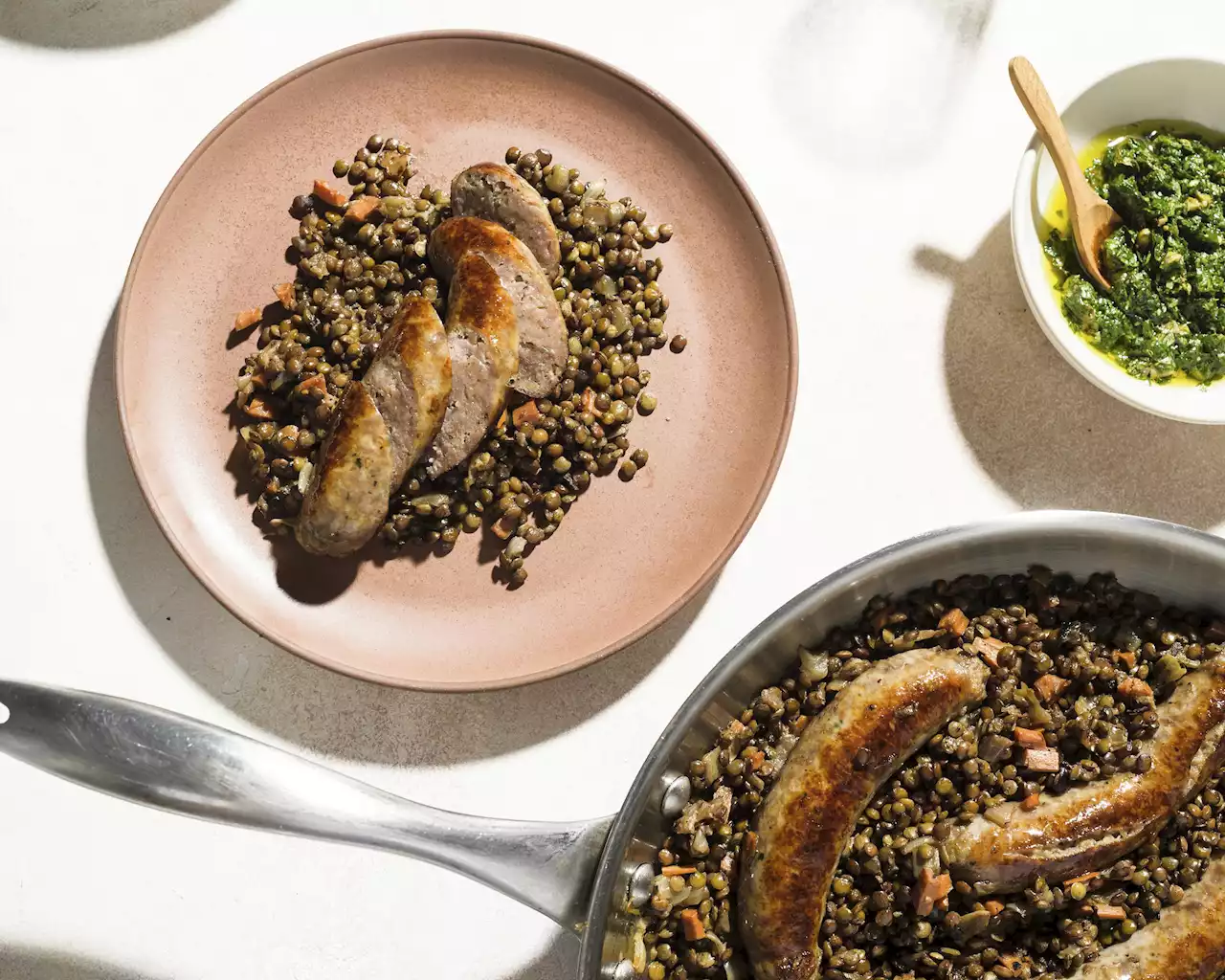 Caper relish lightens weeknight-friendly sausage and lentils