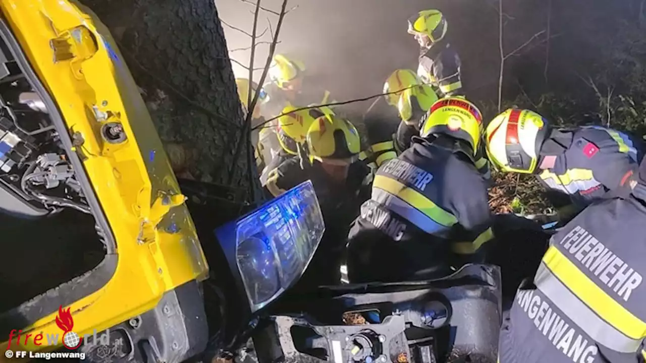 Stmk: Mobile Hebebühne kracht in Langenwang gegen Baum → Lenker eingeklemmt
