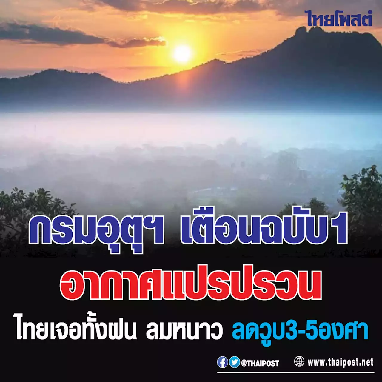 กรมอุตุฯ เตือนฉบับ 1 อากาศแปรปรวน ไทยเจอทั้งฝน ลมหนาว ลดวูบ 3-5 องศา