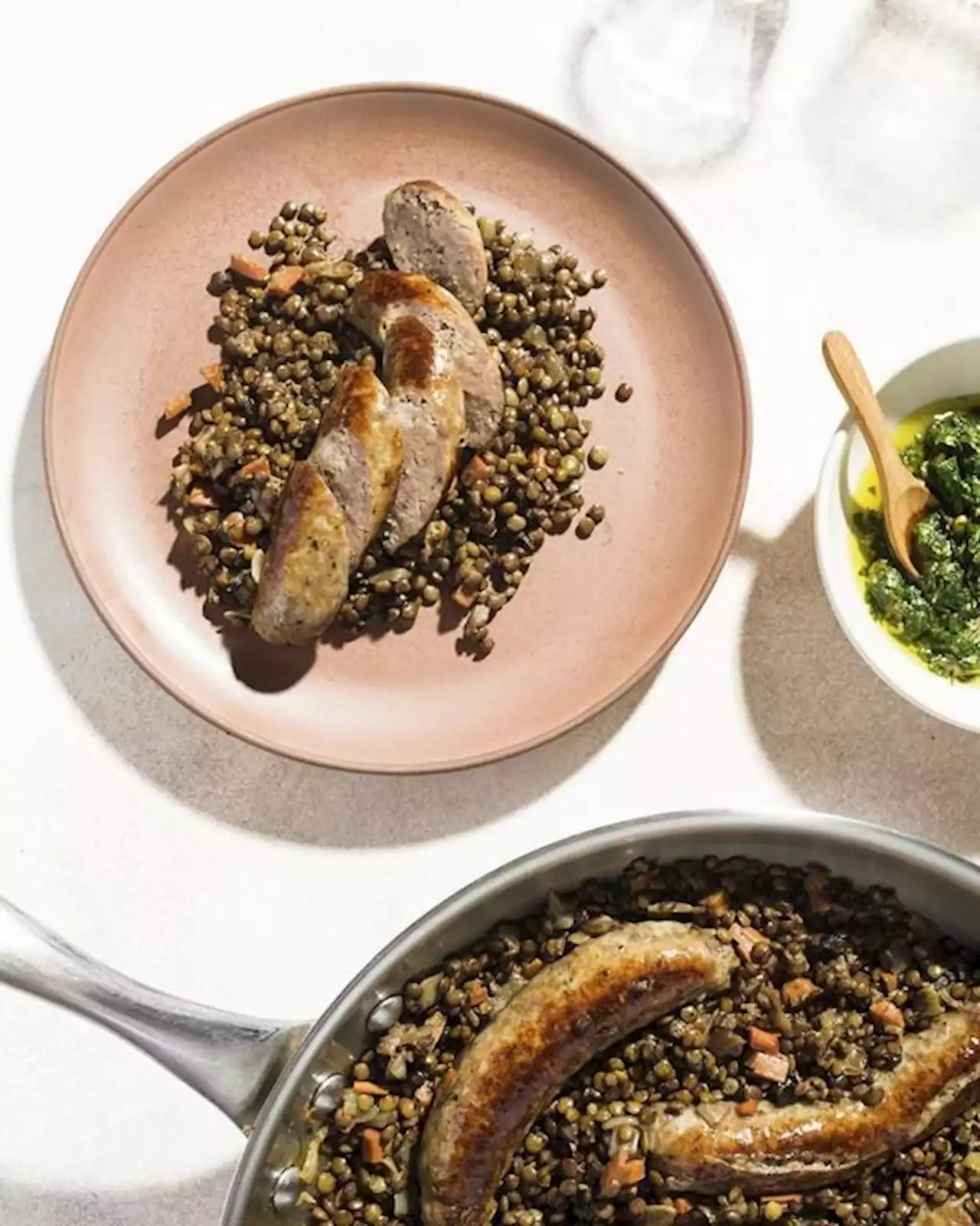 Caper relish lightens weeknight-friendly sausage and lentils