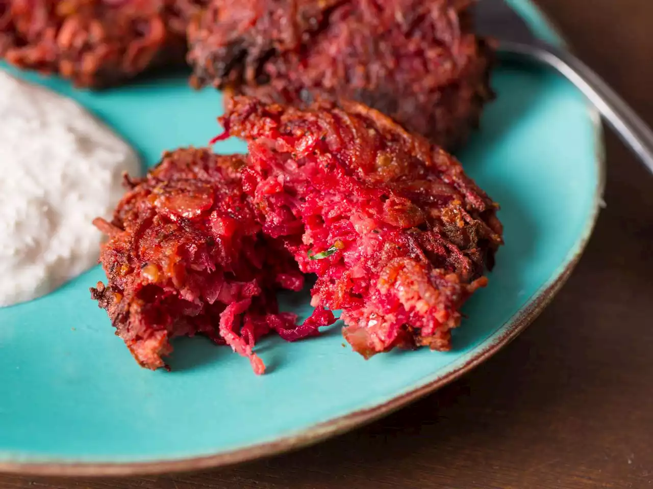 Beet Latkes With Walnuts and Horseradish Sour Cream Recipe