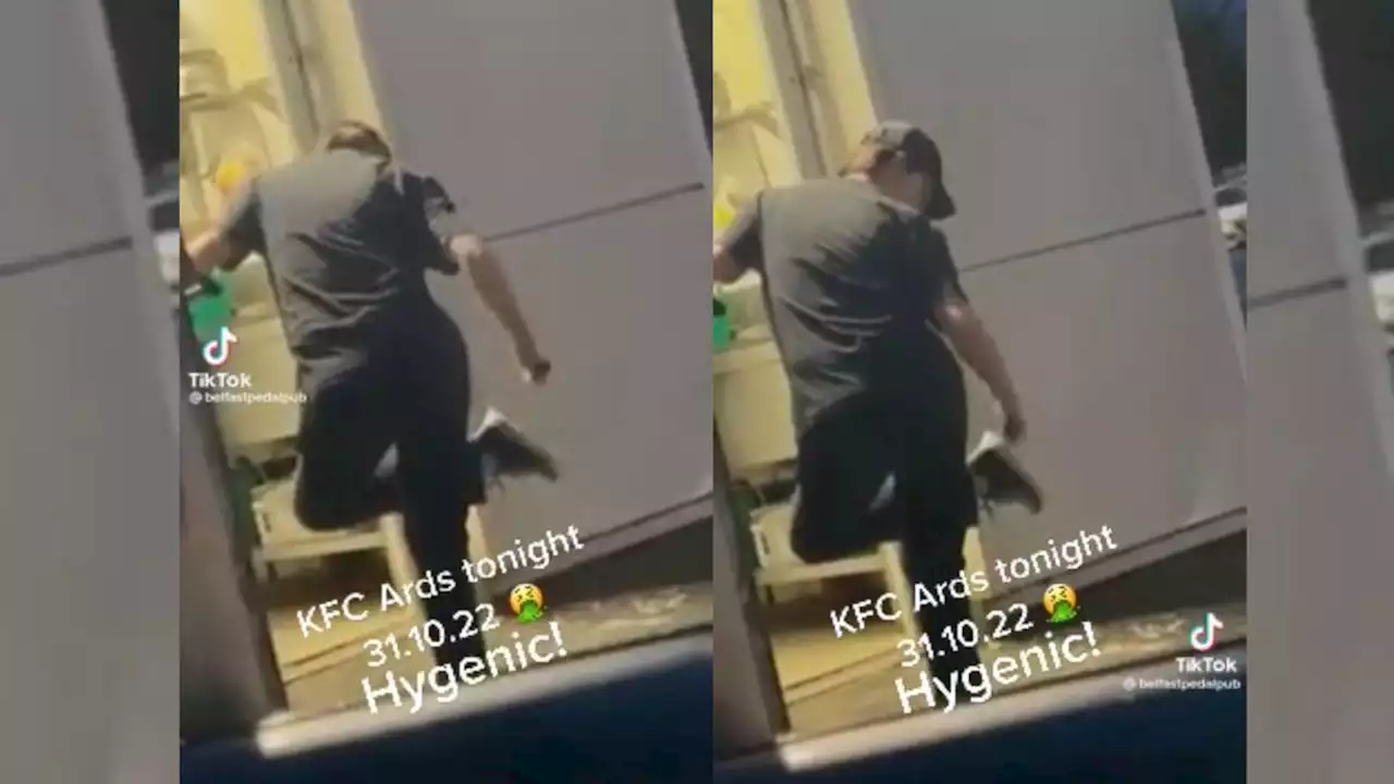 TikTok video appears to show a KFC worker cleaning their shoe with a cooking utensil