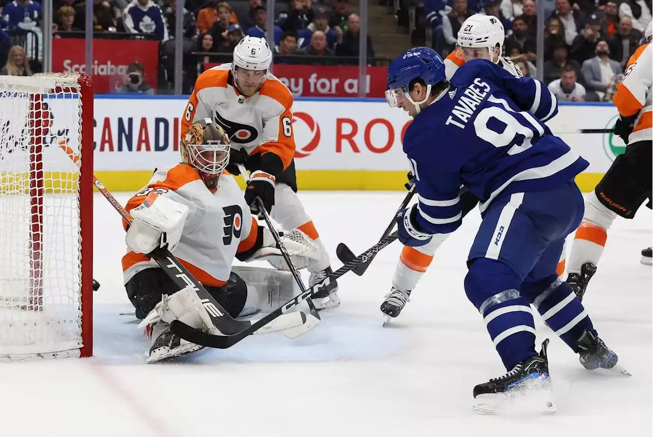 Captain John Tavares comes through with a hat trick as Maple Leafs put up complete home victory over Flyers